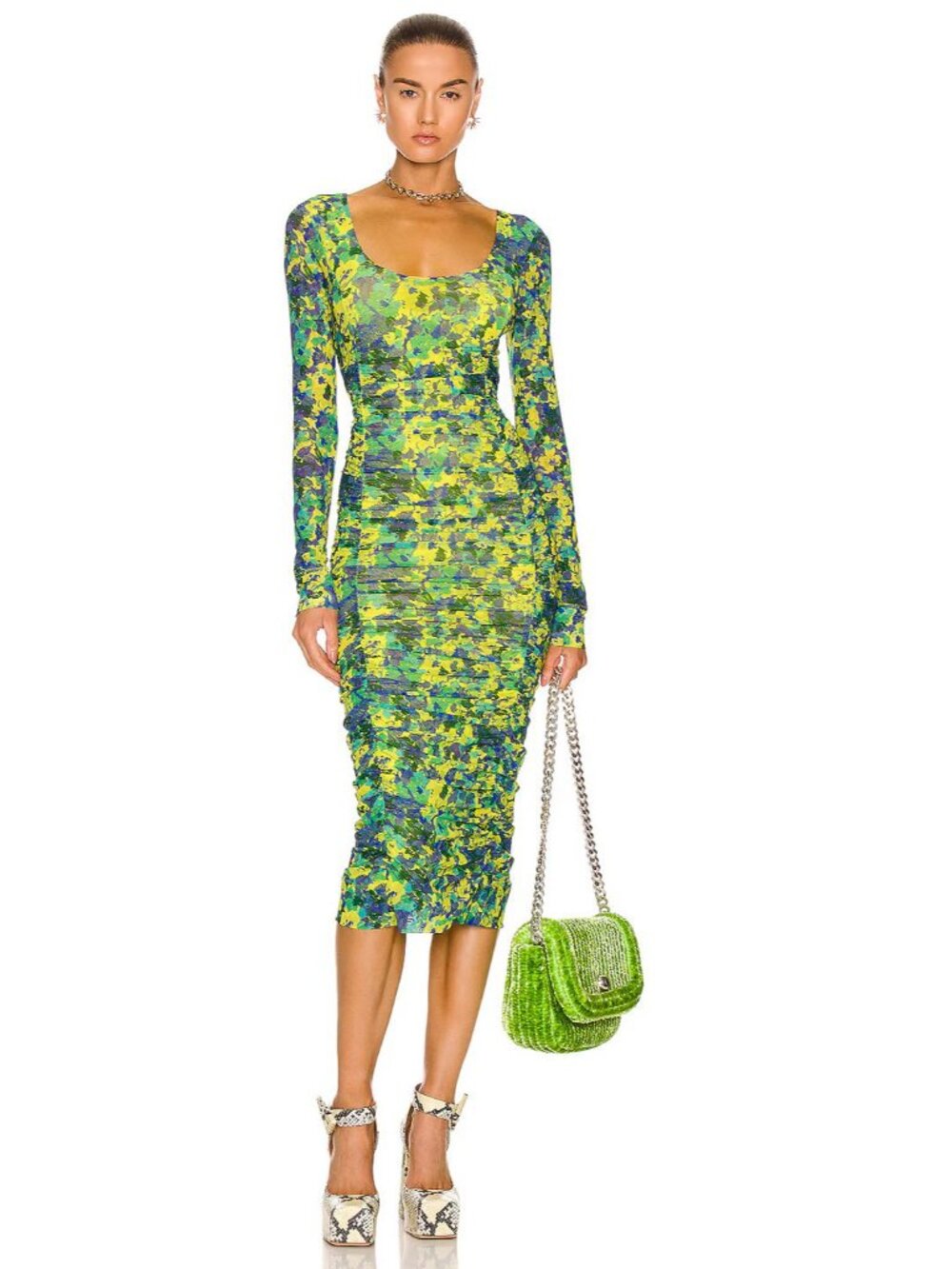 Ganni Printed Mesh Midi Dress Sulphur Spring Size 40